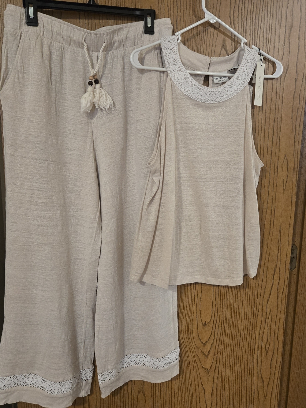 Rachel Zoe Cream Lace-Trim Pajama Tank & Wide-Leg Pants Set